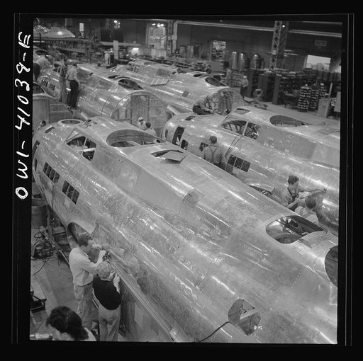 Untitled photo, possibly related to: Boeing aircraft plant, Seattle, Washington. Production of B-17F (Flying Fortress) bombing planes. Fuselage sections
