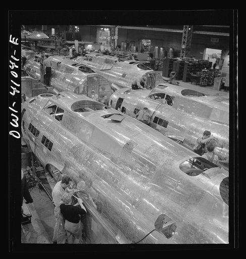 Untitled photo, possibly related to: Boeing aircraft plant, Seattle, Washington. Production of B-17F (Flying Fortress) bombing planes. Fuselage sections
