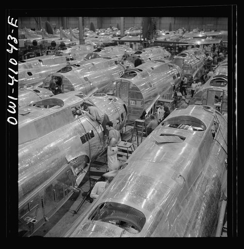 Untitled photo, possibly related to: Boeing aircraft plant, Seattle, Washington. Production of B-17F (Flying Fortress) bombing planes. Fuselage sections