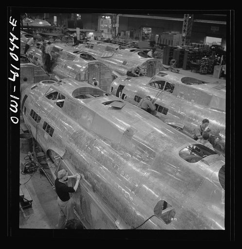 Untitled photo, possibly related to: Boeing aircraft plant, Seattle, Washington. Production of B-17F (Flying Fortress) bombing planes. Fuselage sections