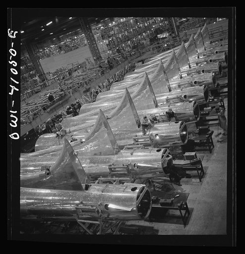 Untitled photo, possibly related to: Boeing aircraft plant, Seattle, Washington. Production of B-17F (Flying Fortress) bombing planes. Tail section of B-17F (Flying Fortress) bombers