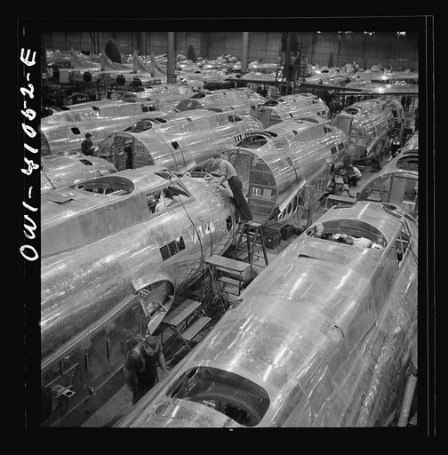 Untitled photo, possibly related to: Boeing aircraft plant, Seattle, Washington. Production of B-17F (Flying Fortress) bombing planes. Fuselage sections