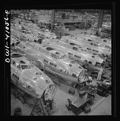 Untitled photo, possibly related to: Boeing aircraft plant, Seattle, Washington. Production of B-17F (Flying Fortress) bombing planes. Fuselage sections