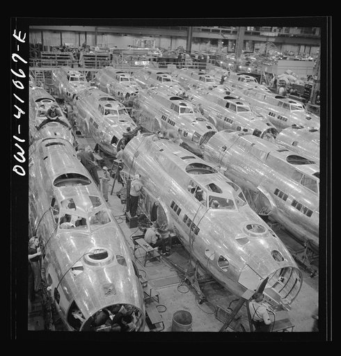 Untitled photo, possibly related to: Boeing aircraft plant, Seattle, Washington. Production of B-17F (Flying Fortress) bombing planes. Fuselage sections