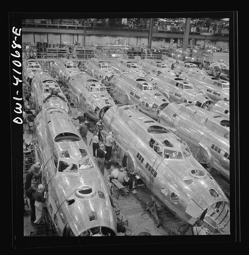Untitled photo, possibly related to: Boeing aircraft plant, Seattle, Washington. Production of B-17F (Flying Fortress) bombing planes. Fuselage sections