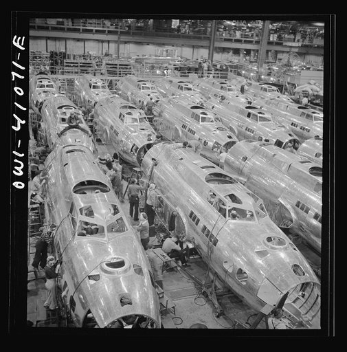 Untitled photo, possibly related to: Boeing aircraft plant, Seattle, Washington. Production of B-17F (Flying Fortress) bombing planes. Fuselage sections