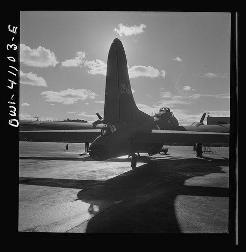 Untitled photo, possibly related to: Production. B-17 heavy bomber. Tail view of a new B-17F (Flying Fortress) bomber ready for flight tests at the airfield of Boeing's Seattle plant. The Flying Fortress has performed with great credit in the South Pacific, over Germany and elsewhere. It is a four-e
