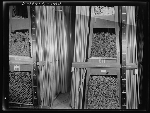 Untitled photo, possibly related to: Boeing aircraft plant, Seattle, Washington. Production of B-17 (Flying Fortress) bombing planes. Material for the construction of B-17 (Flying Fortress) bombers