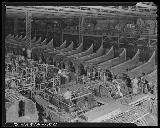 Untitled photo, possibly related to: Boeing aircraft plant, Seattle, Washington. Production of B-17F (Flying Fortress) bombing planes. Tail section of B-17F (Flying Fortress) bombers