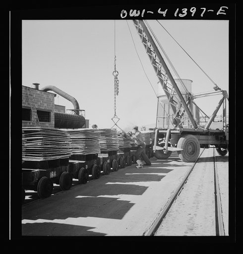 Phelps Dodge refining company, El Paso, Texas. Crane lifting a sling of copper sheets