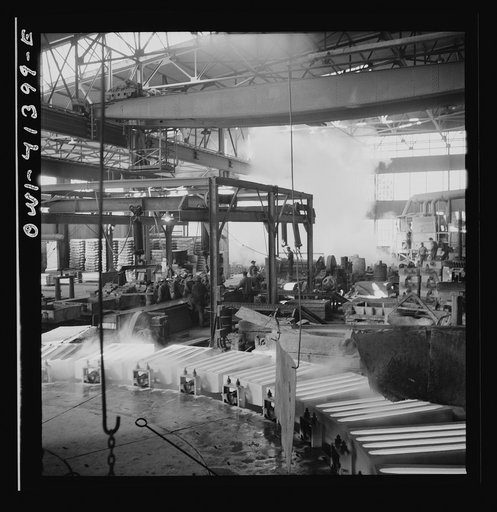 Phelps Dodge refining company, El Paso, Texas. Sheets of pure copper, which had been formed by electrolysis in huge tanks, being melted now and cast into ingots