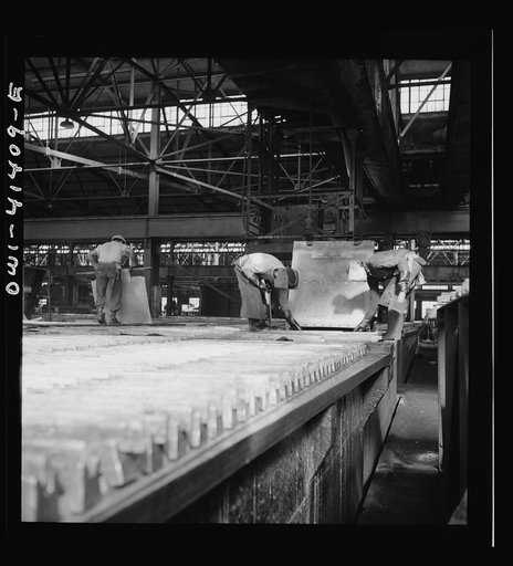 Untitled photo, possibly related to: El Paso, Texas. Phelps Dodge refining company. Sheets of pure copper are formed by electrolysis in large tanks in later melted and poured into ingots