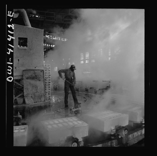 Untitled photo, possibly related to: Phelps Dodge refining company, El Paso, Texas. Casting copper ingots