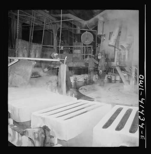 Untitled photo, possibly related to: Phelps Dodge refining company, El Paso, Texas. Casting copper ingots