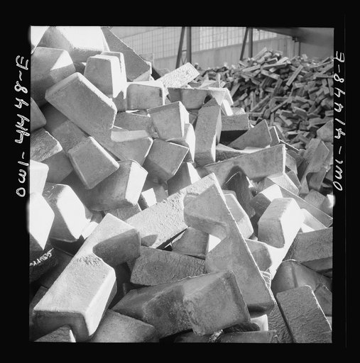Untitled photo, possibly related to: Phelps Dodge refining company, El Paso, Texas. Copper received from the smelter ready for refining
