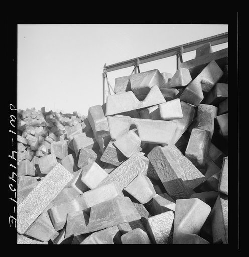 Untitled photo, possibly related to: Phelps Dodge refining company, El Paso, Texas. Copper received from the smelter ready for refining