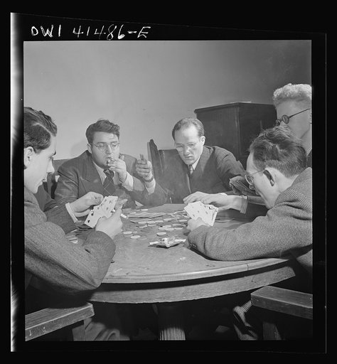 New York, New York. Playing cards, Braille playing cards are used, at the Lighthouse, an institution for the blind, at 111 East Fifty-ninth Street. Note the tiny identification marks on the corners of the cards