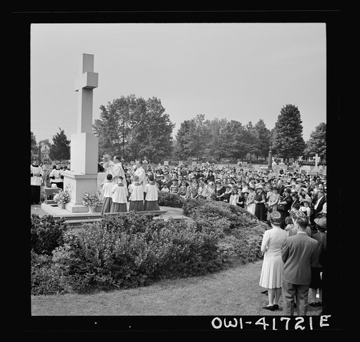 Untitled photo, possibly related to: Southington, Connecticut. On All Soul's Day the Catholic congregation is gathering in the Saint Thomas cemetery for an outdoor Mass which in 1942 was officiated by the Reverend Francis J. Mihalek