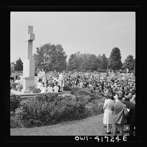 Untitled photo, possibly related to: Southington, Connecticut. On All Soul's Day the Catholic congregation is gathering in the Saint Thomas cemetery for an outdoor Mass which in 1942 was officiated by the Reverend Francis J. Mihalek