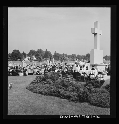 Untitled photo, possibly related to: Southington, Connecticut. On All Soul's Day the Catholic congregation is gathering in the Saint Thomas cemetery for an outdoor Mass which in 1942 was officiated by the Reverend Francis J. Mihalek