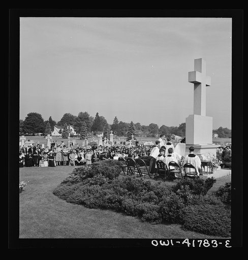 Untitled photo, possibly related to: Southington, Connecticut. On All Soul's Day the Catholic congregation is gathering in the Saint Thomas cemetery for an outdoor Mass which in 1942 was officiated by the Reverend Francis J. Mihalek