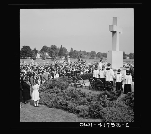 Untitled photo, possibly related to: Southington, Connecticut. On All Soul's Day the Catholic congregation is gathering in the Saint Thomas cemetery for an outdoor Mass which in 1942 was officiated by the Reverend Francis J. Mihalek