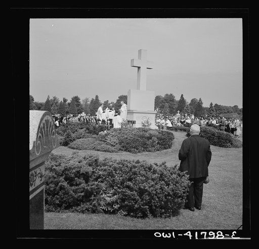 Untitled photo, possibly related to: Southington, Connecticut. On All Soul's Day the Catholic congregation is gathering in the Saint Thomas cemetery for an outdoor Mass which in 1942 was officiated by the Reverend Francis J. Mihalek