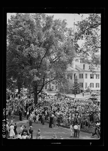 Southington, Connecticut. An American town and its way of life. The Memorial Day parade moving down the main street. The small numbers of spectators is accounted for by the fact that the town's war factories did not close