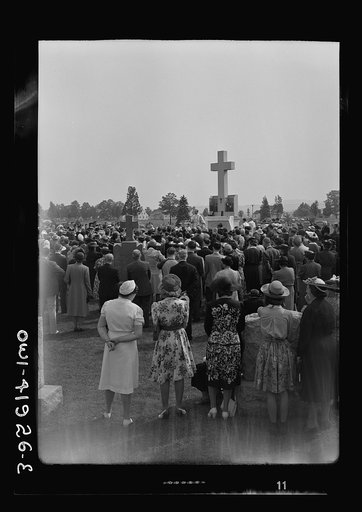 Untitled photo, possibly related to: Southington, Connecticut. On All Soul's Day the Catholic congregation is gathering in the Saint Thomas cemetery for an outdoor Mass which in 1942 was officiated by the Reverend Francis J. Mihalek