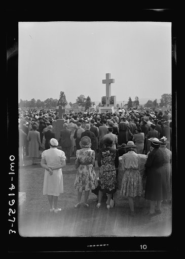 Untitled photo, possibly related to: Southington, Connecticut. On All Soul's Day the Catholic congregation is gathering in the Saint Thomas cemetery for an outdoor Mass which in 1942 was officiated by the Reverend Francis J. Mihalek