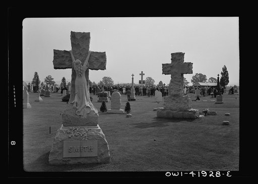 Untitled photo, possibly related to: Southington, Connecticut. On All Soul's Day the Catholic congregation is gathering in the Saint Thomas cemetery for an outdoor Mass which in 1942 was officiated by the Reverend Francis J. Mihalek