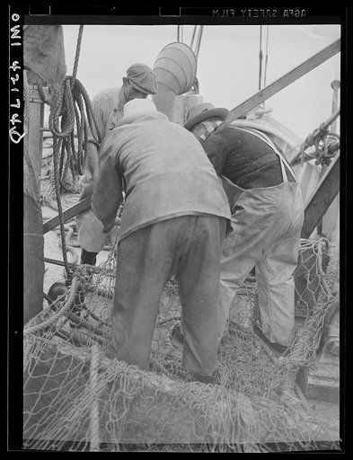 Gloucester, Massachusetts. At sunset fishermen mend nets torn by rocks on the ocean floor. A shortage of linen twine and manila hemp needed for nets is only one of the war-time difficulties fishermen today must face