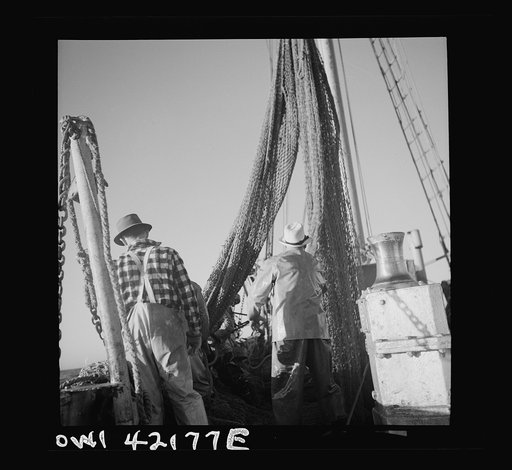 Gloucester, Massachusetts. At sunset fishermen mend nets torn by rocks on the ocean floor. A shortage of linen twine and manila hemp needed for nets is only one of the war-time difficulties fishermen today must face
