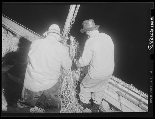 On board a fishing vessel out from Gloucester, Massachusetts. Two fishermen mending a badly torn net during the night