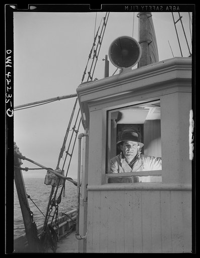 Gloucester, Massachusetts. With the light from the compass binnacle illuminating his face, Captain John Riberia [i.e., Ribeiro] guides "Old Glory" back to the port. Decks have been cleared and fish stored in ice until return to port