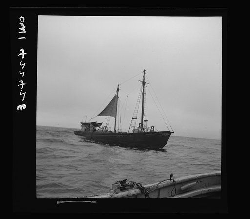 On board a fishing vessel out from Gloucester, Massachusetts. A Nantucket dragger, or New England otter trawler, the "Theresa and Dan"