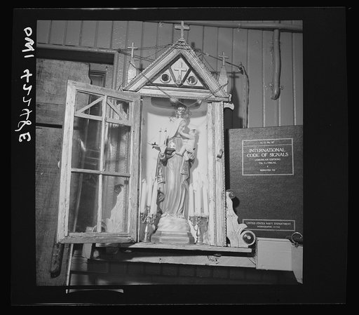Gloucester, Massachusetts. The "Mother of Good Voyages" statue in Captain John Riberia's [i.e., Ribeiro's] quarters on the fishing trawler "Old Glory"