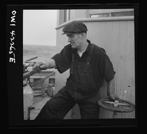 On board a fishing vessel out from Gloucester, Massachusetts. Operating the winch