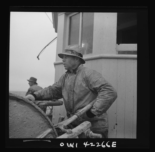On board a fishing vessel out from Gloucester, Massachusetts. Operating the winch