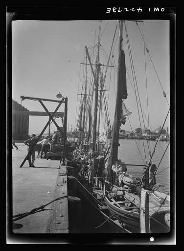 Gloucester, Massachusetts. At the docks crew members prepare their trawlers for a week's voyage. Most of the fishermen in the city come from a line of fishermen that dates back for centuries