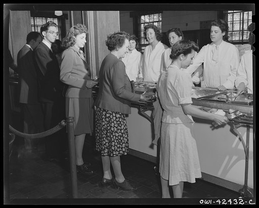 United Nations Relief and Rehabilitation Administration training center, University of Maryland, College Park, Maryland. Food is served appointees in cafeteria style on regular army mess kits. Each student is charged a nominal fee for maintenance while attending the school
