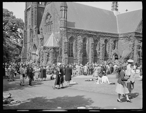 Untitled photo, possibly related to: Bethlehem, Pennsylvania. Bach festival. Crowds outside Packer Memorial Chapel where concerts are given