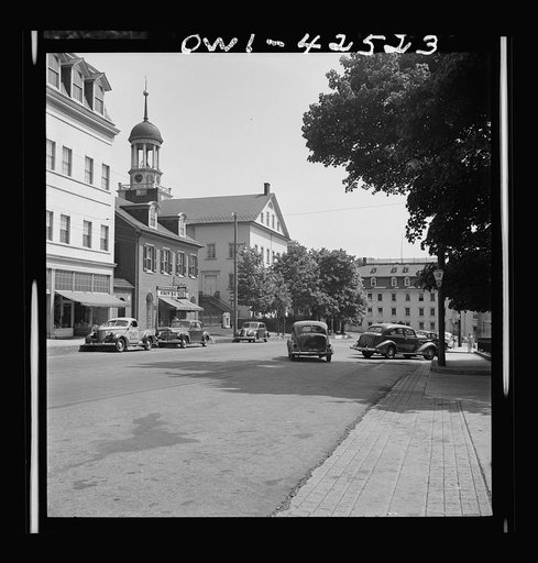 Bethlehem, Pennsylvania. Bach festival. Left to right: the oldest drugstore in the United States; the Moravian church where the first Bach festivals were held; at the end of the street, the Moravian seminary for women, the oldest girls' school in the original thirteen colonies