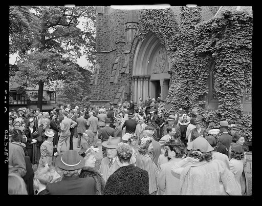 Bethlehem, Pennsylvania. Bach festival. Crowds outside Packer Memorial Chapel where concerts are given