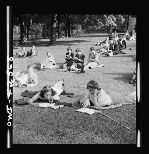 Bethlehem, Pennsylvania. Bach festival. People on the lawn outside Packer Memorial Chapel during the afternoon performance of the choir