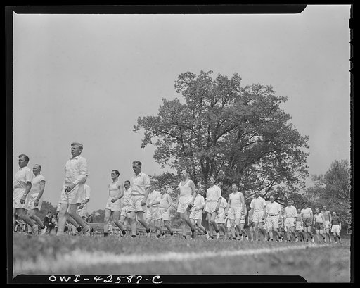 Travers Island, New York. Norwegian Independence Day celebration at the Norwegian gunners' school. Athletes parading before events