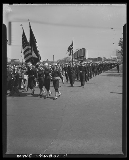 Brooklyn, New York. Norwegian Independence Day celebration. Norwegian-American parade. United States Navy color guard and a group of the Royal Norwegian Navy