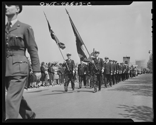 Brooklyn, New York. Norwegian Independence Day celebration. Norwegian-American parade. One pilot from Royal Norwegian Air Force followed by shipmates of the Norwegian Merchant Marine