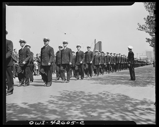 Brooklyn, New York. Norwegian Independence Day celebration. Norwegian-American parade. A group of mates of the Norwegian merchant marinefrom the Norwegian gunnery school at Travers Island, New York