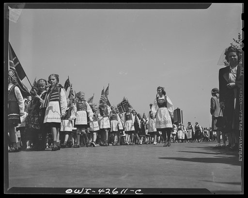Brooklyn, New York. Norwegian Independence Day celebration. Norwegian-American parade. Third generation Norwegian-Americans in Norwegian national costumes